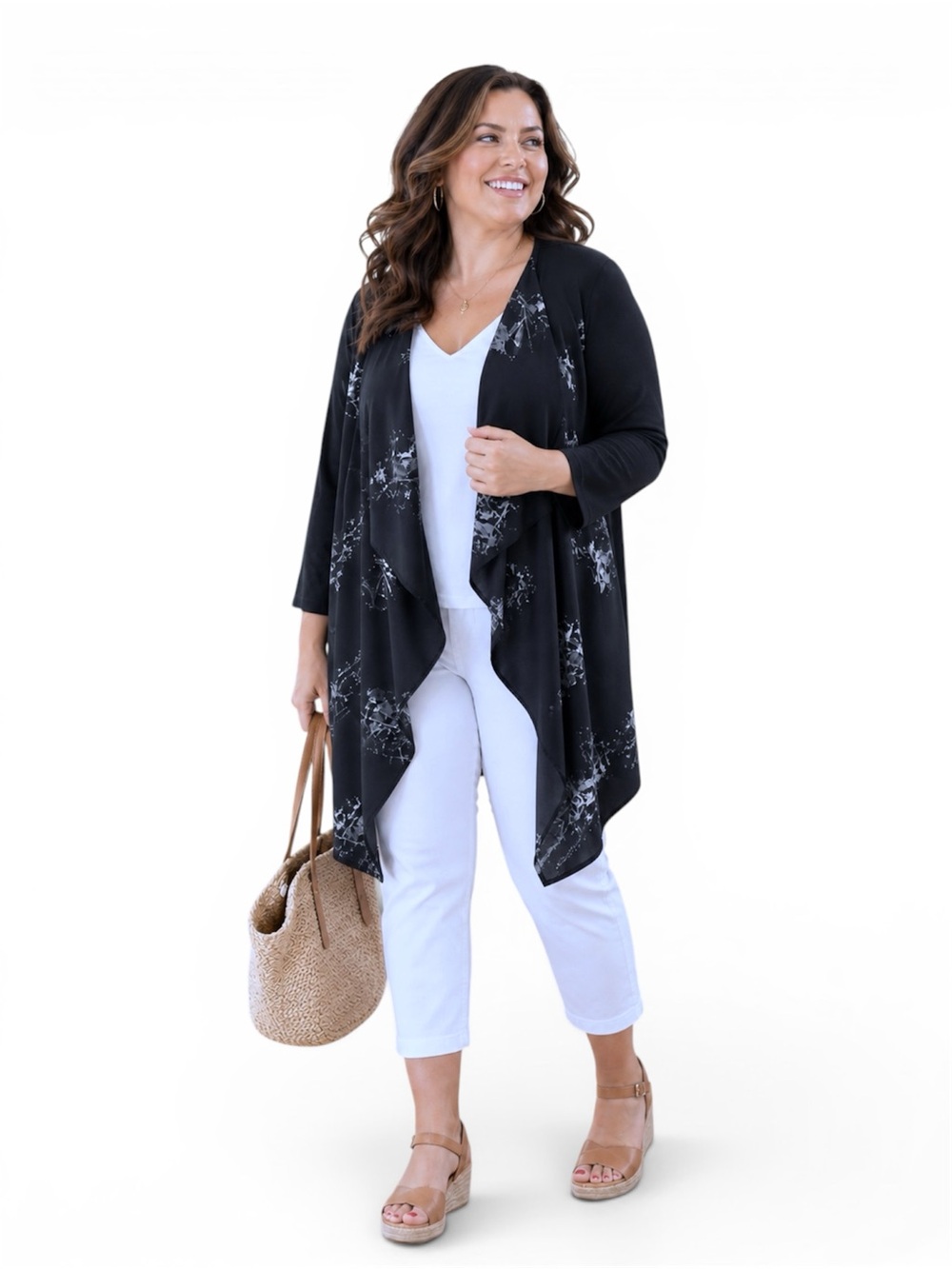 Black & Grey Draped Waterfall Cardigan 2X | Flowy Open Front Layering Top